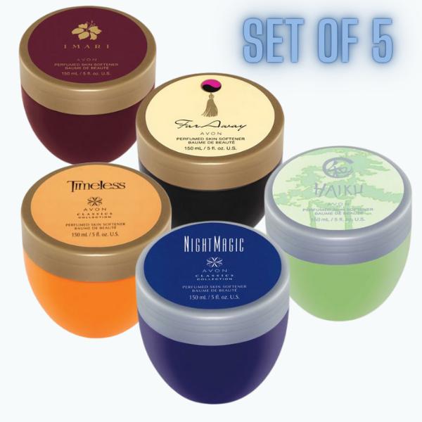 Avon Perfumed Skin Softener SET of 5 - Far Away,  Haiku, Timeless,  Imari and  Night Magic - 2.6 oz Each    Scented Fragrance Daily