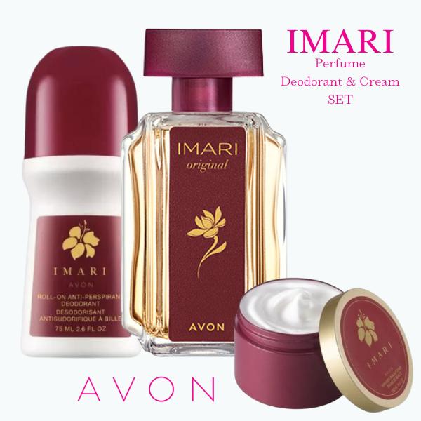Avon Imari Pefume EDT Spray for her 1.7 fl oz and Deodorant roll-on 2.6 fl oz and Perfume Cream SET Fragrance Jasmine Body Care Floral