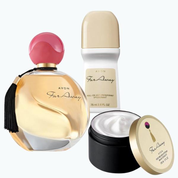 Avon Far Away Eau De Parfum Set, Perfume 1.7, Roll-on Deodorant, Perfumed Skin Softener